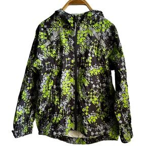 L.L. Bean | Kids Rain Jacket | Green + Gray + Light Gray Graphic Pattern | M 5-6